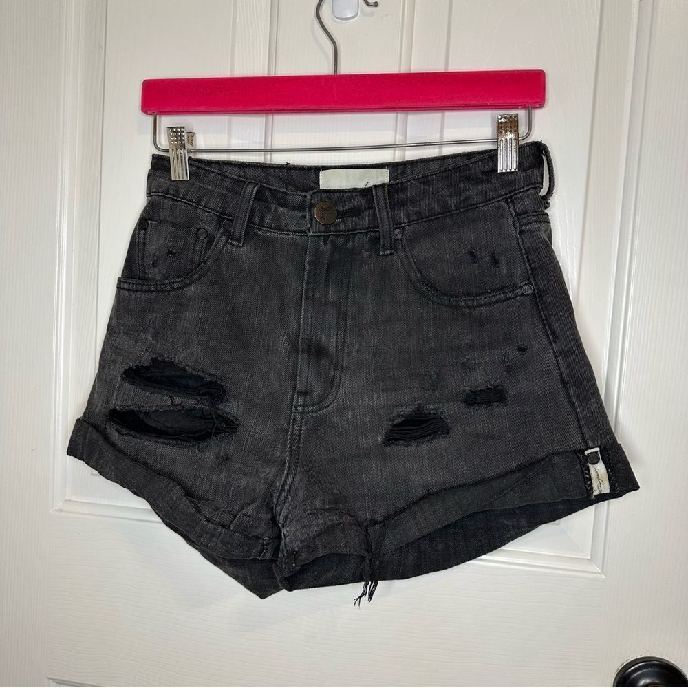 One Teaspoon Bkack High Waisted Distressed Short Sz 26 Grunge Skater Festival